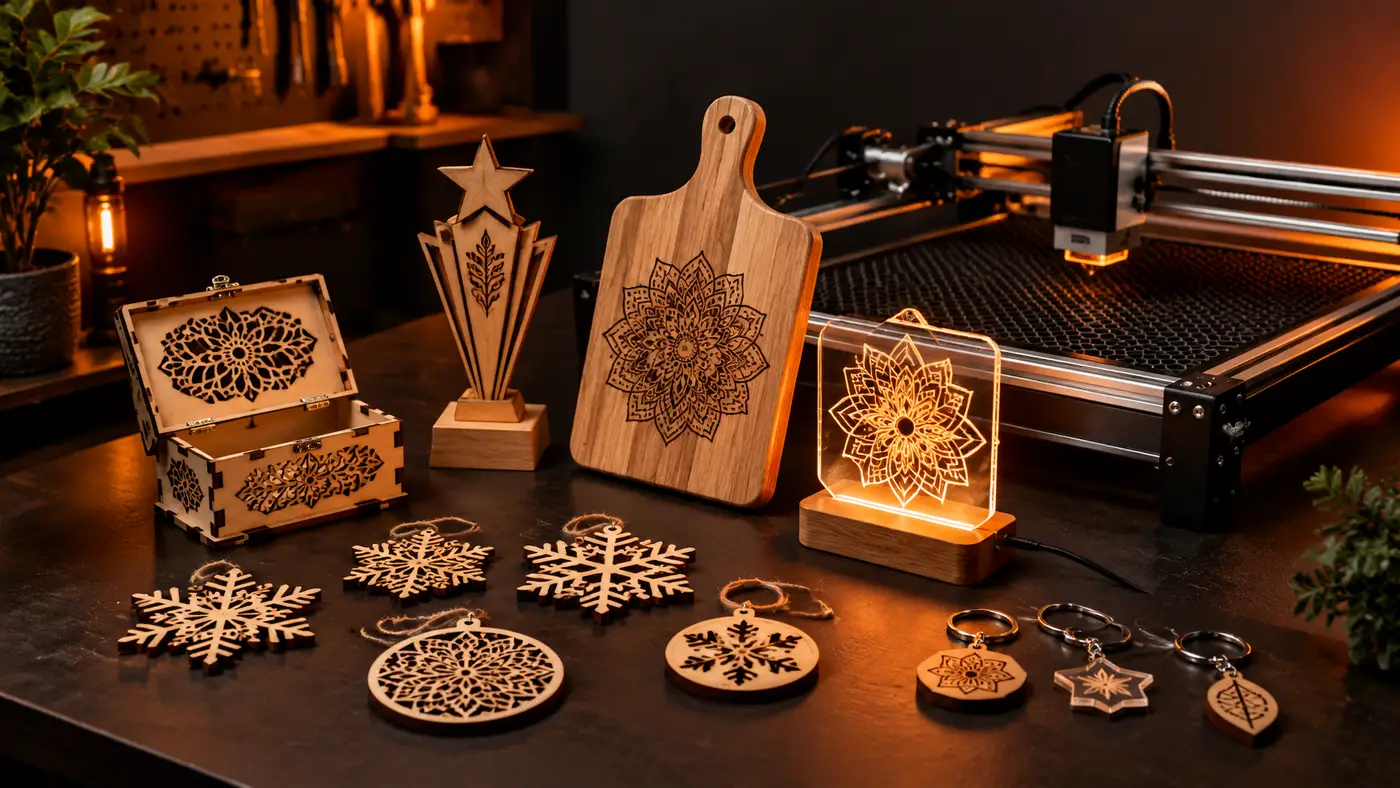 Productos cortados con láser: adornos de Navidad, cajas, trofeo, tabla grabada y lámpara LED