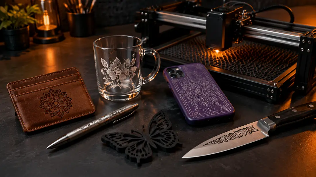 Productos grabados con láser: cuero, bolígrafo, vidrio, funda, EVA y cuchillo